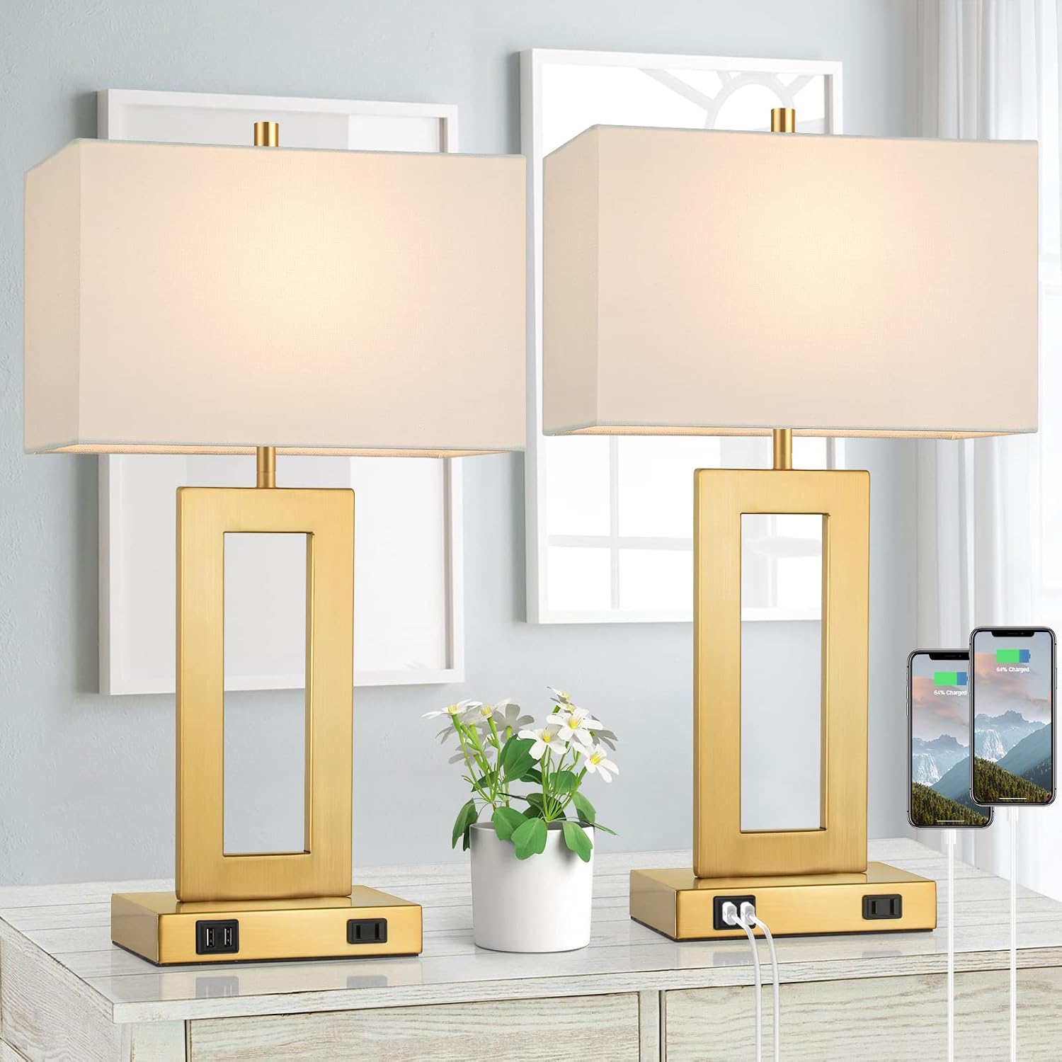 Tobusa 22’’ Table Lamps for Bedrooms Set of 2, Gold Bedside USB Desk Lamp with AC Outlet, Touch Control Modern Vintage Living Room Table La…