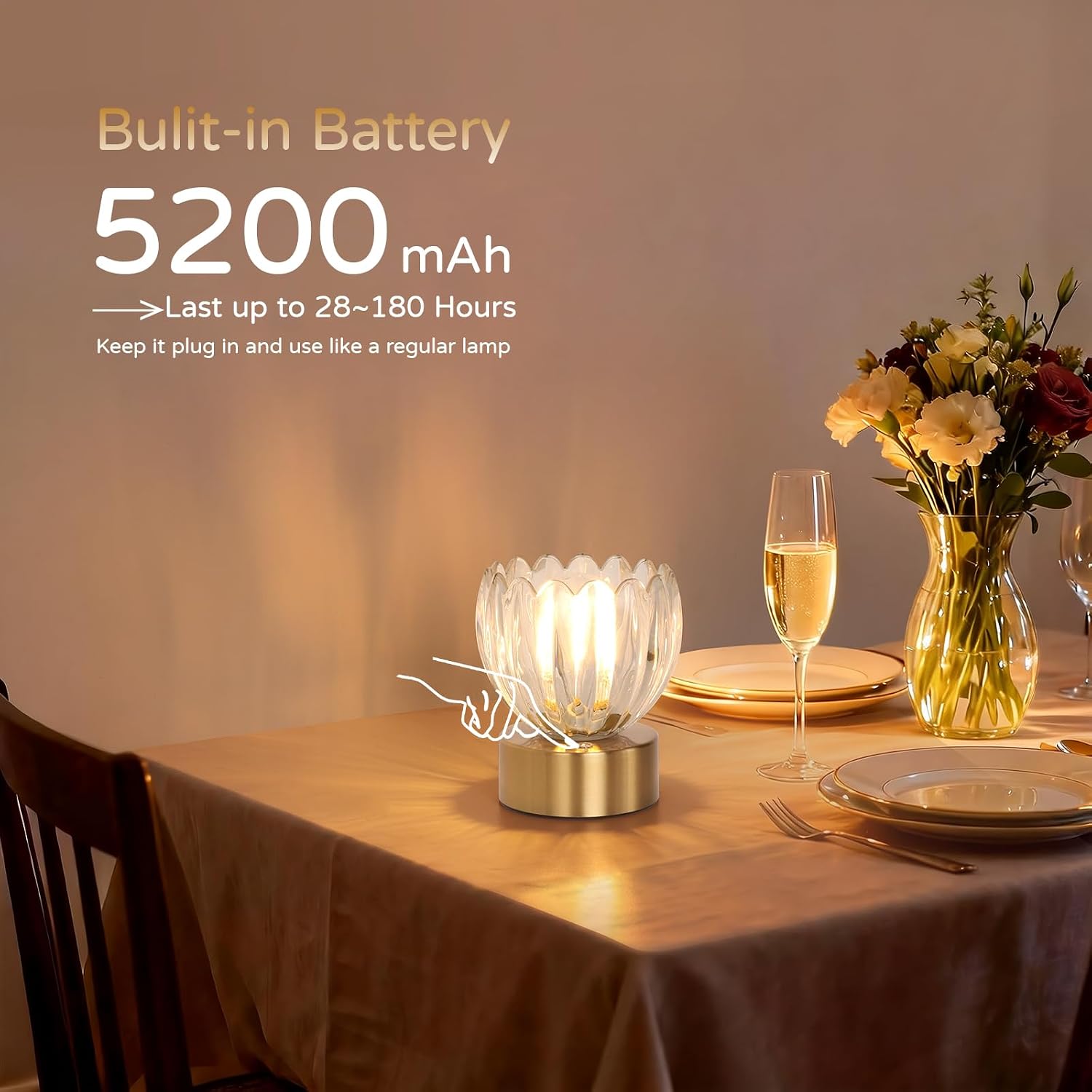 Shenmoyl Cordless Small Table Lamp with 5200mAh Battery & Touch Control, Battery Operated Tulip Table Lamp with 3 Colors, Rechargeable…