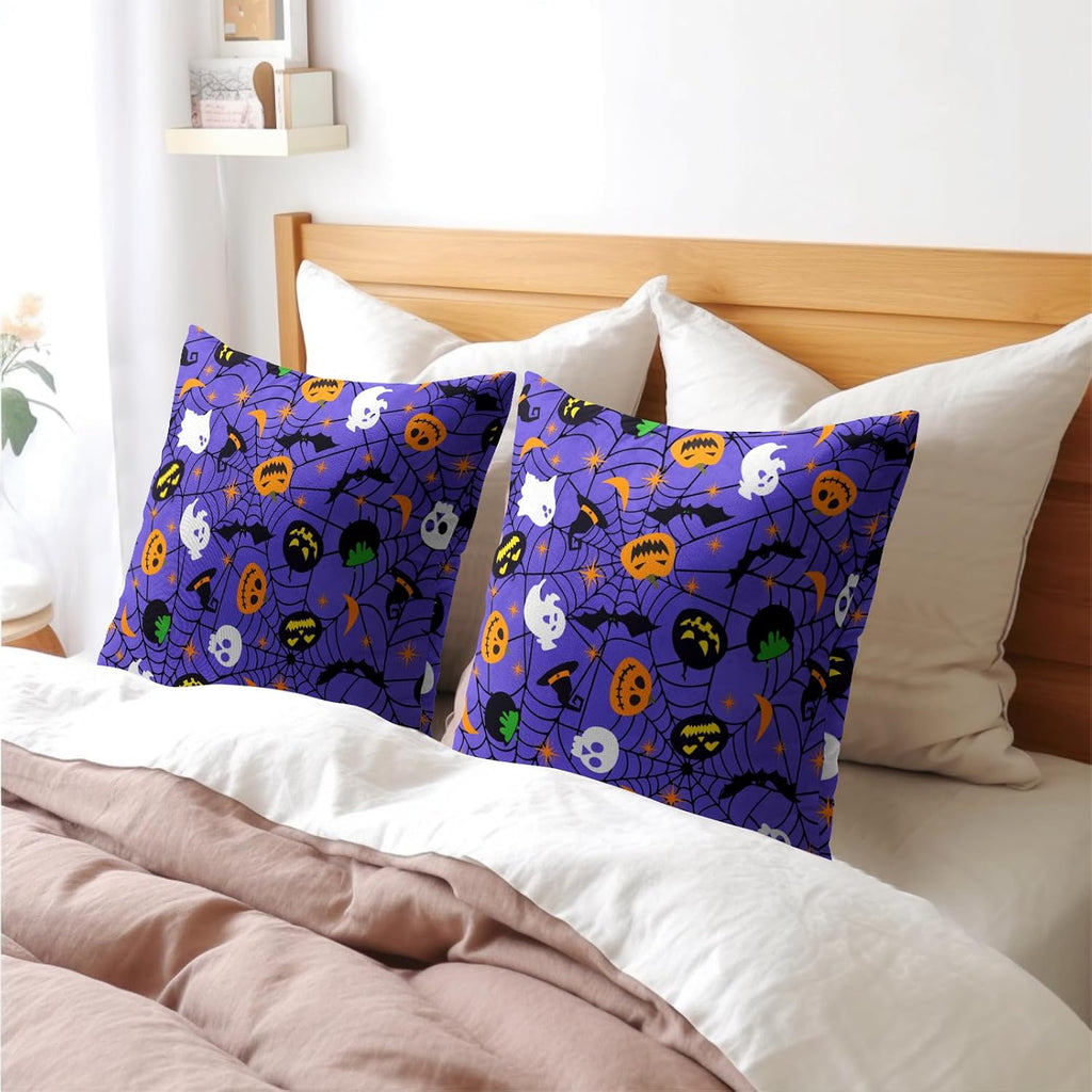 Halloween Purple Throw Pillow Covers 24x24 inch Set of 2 Humour Pumpkins Ghost Skeleton Bat Web Decorative Pillowcase Holiday Cotton…