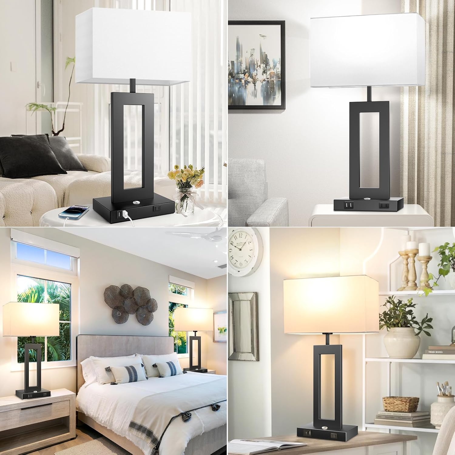 27.2’’ Tall Black Table Lamps for Living Room Bedroom, Bedside Touch Control Lamps with 2 USB Ports&AC Outlet, 3 Color Temp.&Stepless…