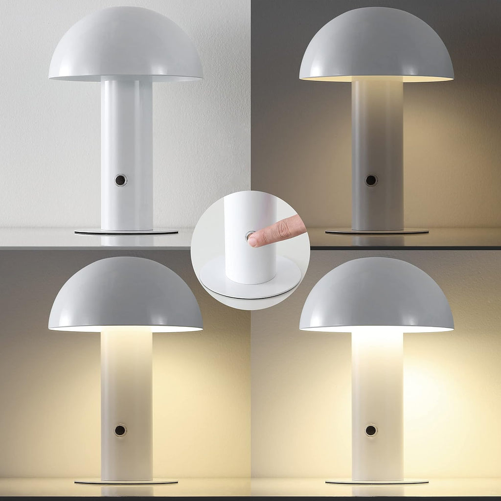 JONATHAN Y 10.75" White Rechargeable LED Mushroom Table Lamp, Cordless Portable Bedside Lamp for Living Room Bedroom, 3-Way Dimmable…
