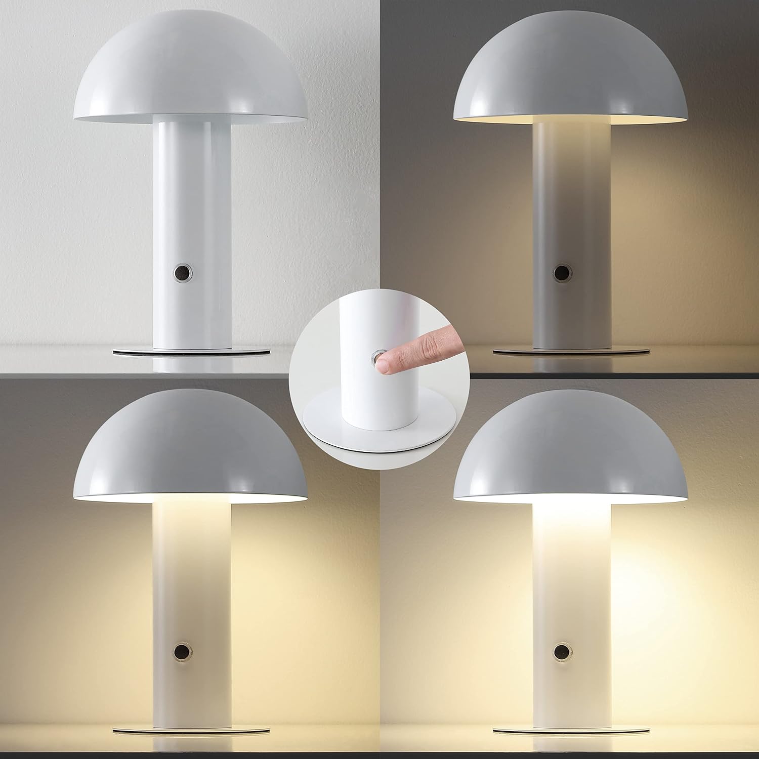 JONATHAN Y 10.75" White Rechargeable LED Mushroom Table Lamp, Cordless Portable Bedside Lamp for Living Room Bedroom, 3-Way Dimmable…