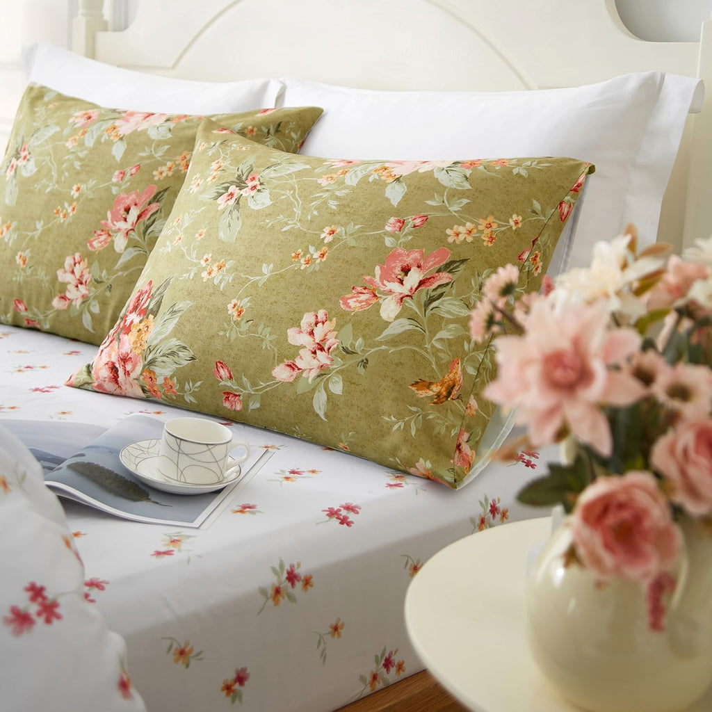 mixinni Duvet Cover King Size, Long Staple Cotton Reversible Green Floral Duvet Cover Set with Zipper Ties, 3 Pieces Botanical Pink Flowers…