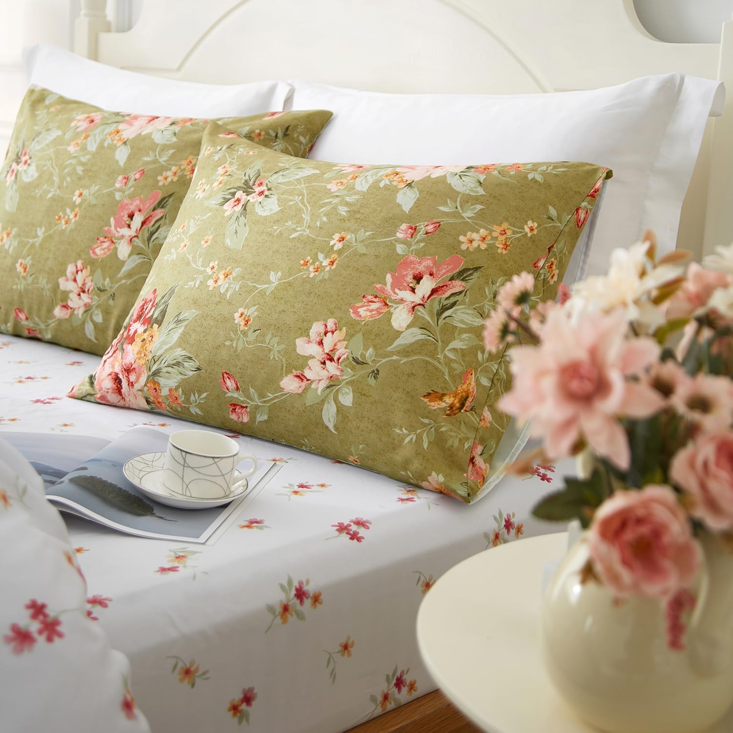 mixinni Duvet Cover King Size, Long Staple Cotton Reversible Green Floral Duvet Cover Set with Zipper Ties, 3 Pieces Botanical Pink Flowers…