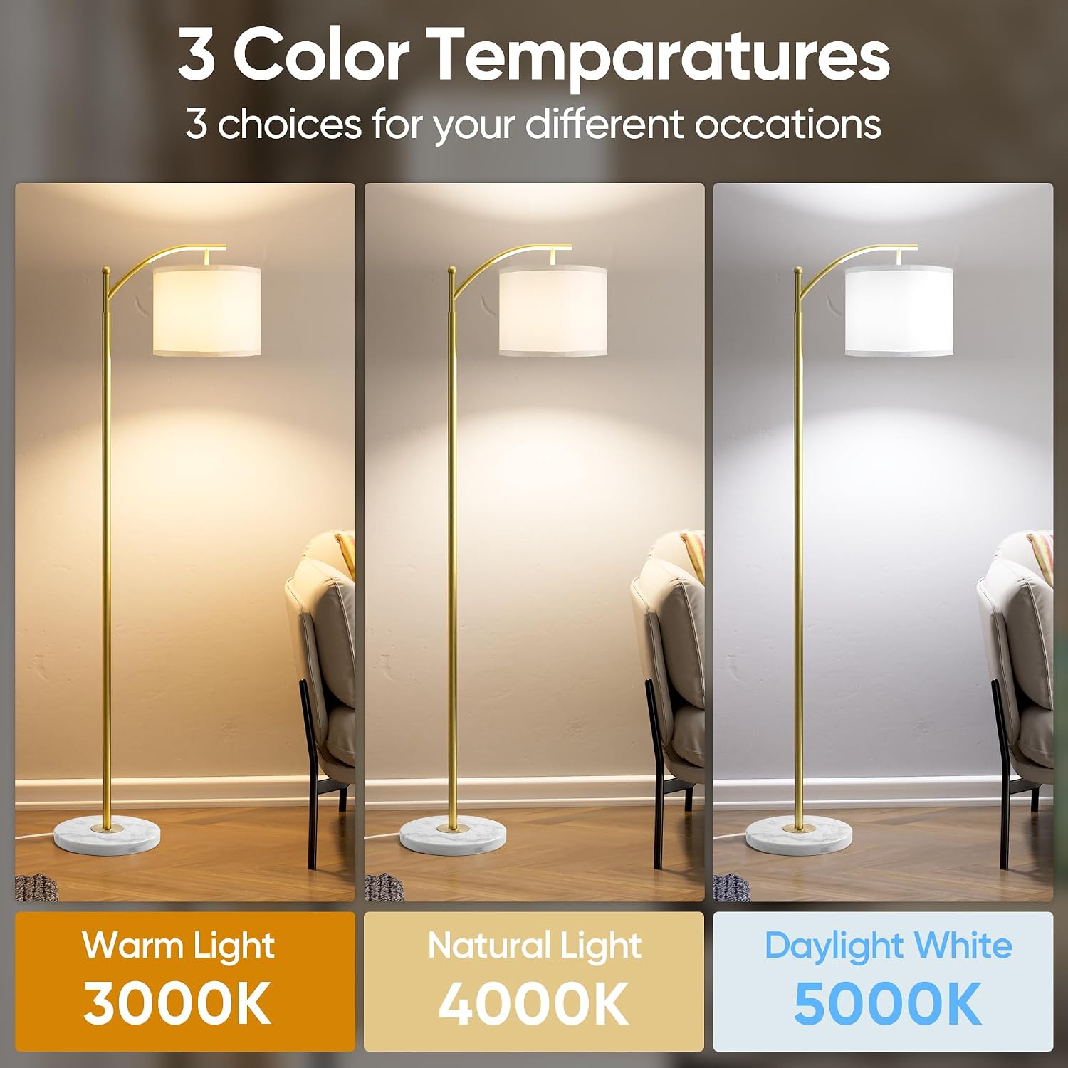ROTTOGOON Gold Floor Lamp for Living Room with Marble Base, Modern Standing Lamp with 3 Color Temperatures Bulb & Adjustable Linen Shade…