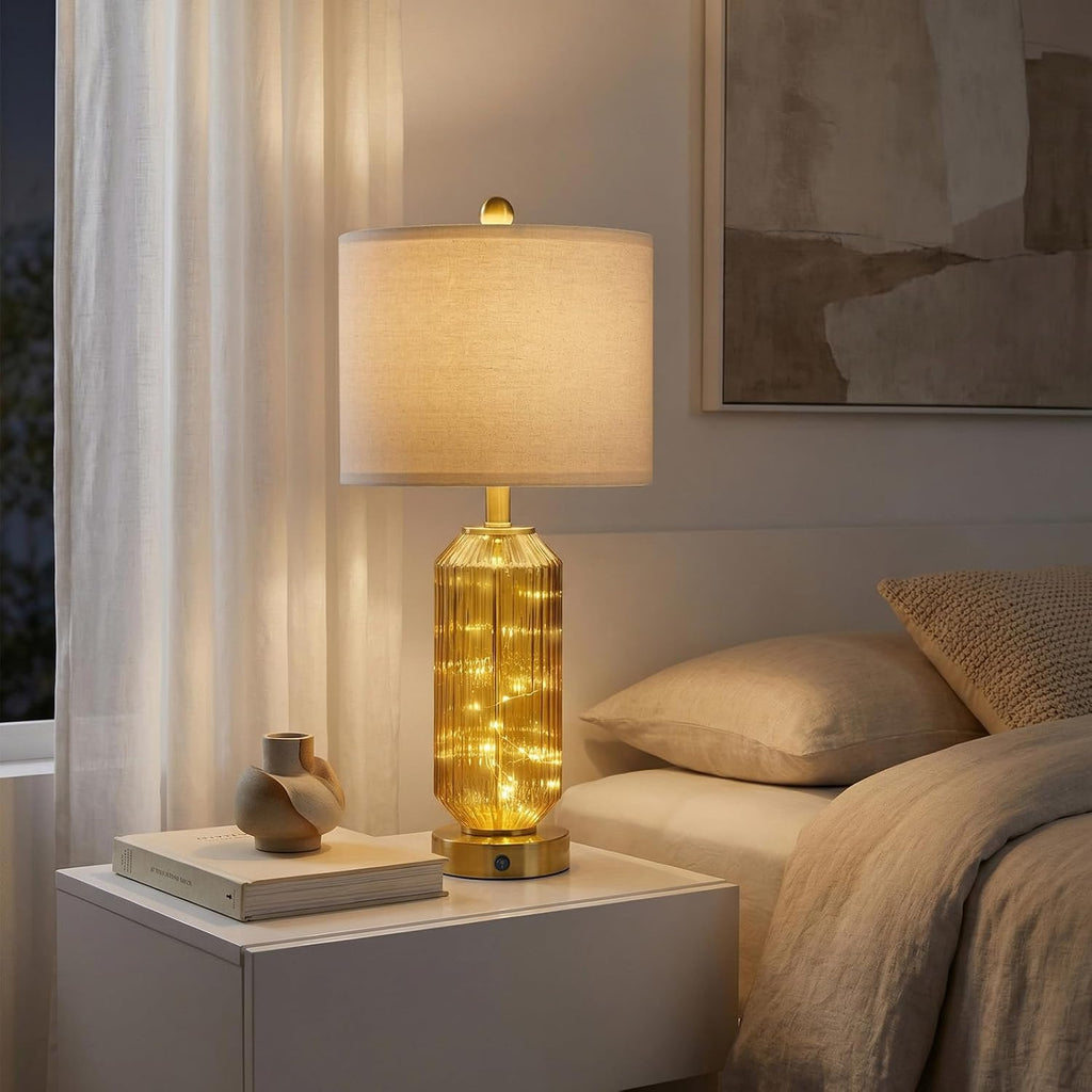 Oneach 24.5" Bedside Table Lamps Set of 2, Amber Glass Nightstand Lamps with USB A+C Charging Ports and Night Light, Gold Modern Lamps…
