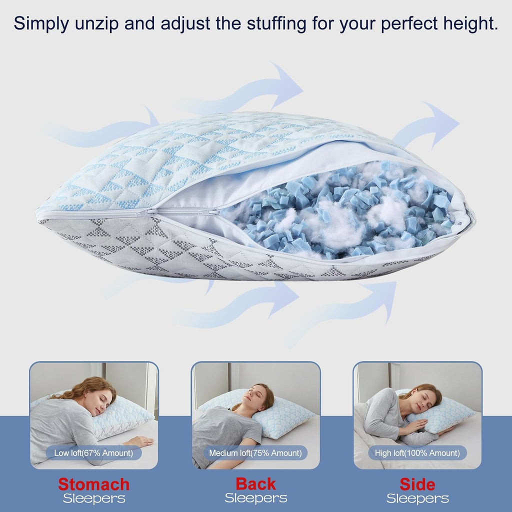 Yawnhug Cooling Shredded Memory Foam Pillows: Adjustable Bed Pillows for Sleeping, King Size Set of 2, Customizable Loft & Firm Supp…