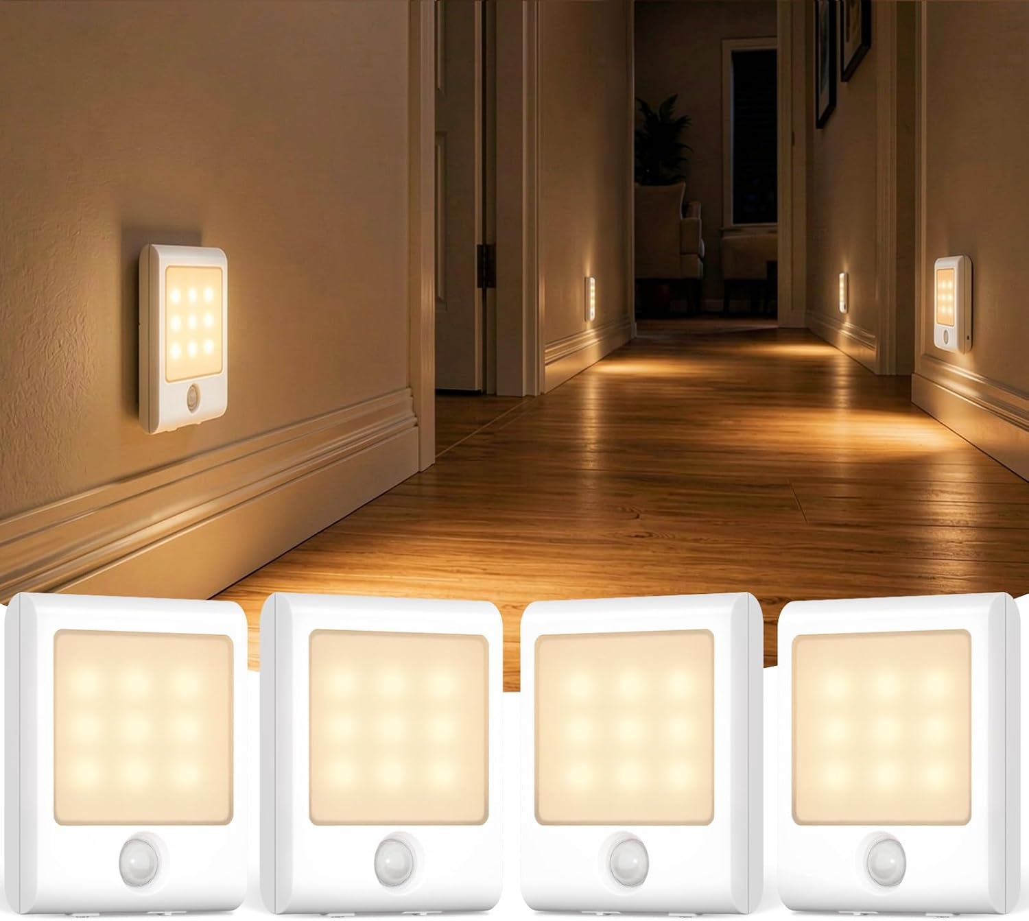 EZVALO 4-Pack Rechargeable Battery Night Light with Motion Sensor, Stick-On LED Stair Light with 3 Color Temps, Magnetic, Dimmable…