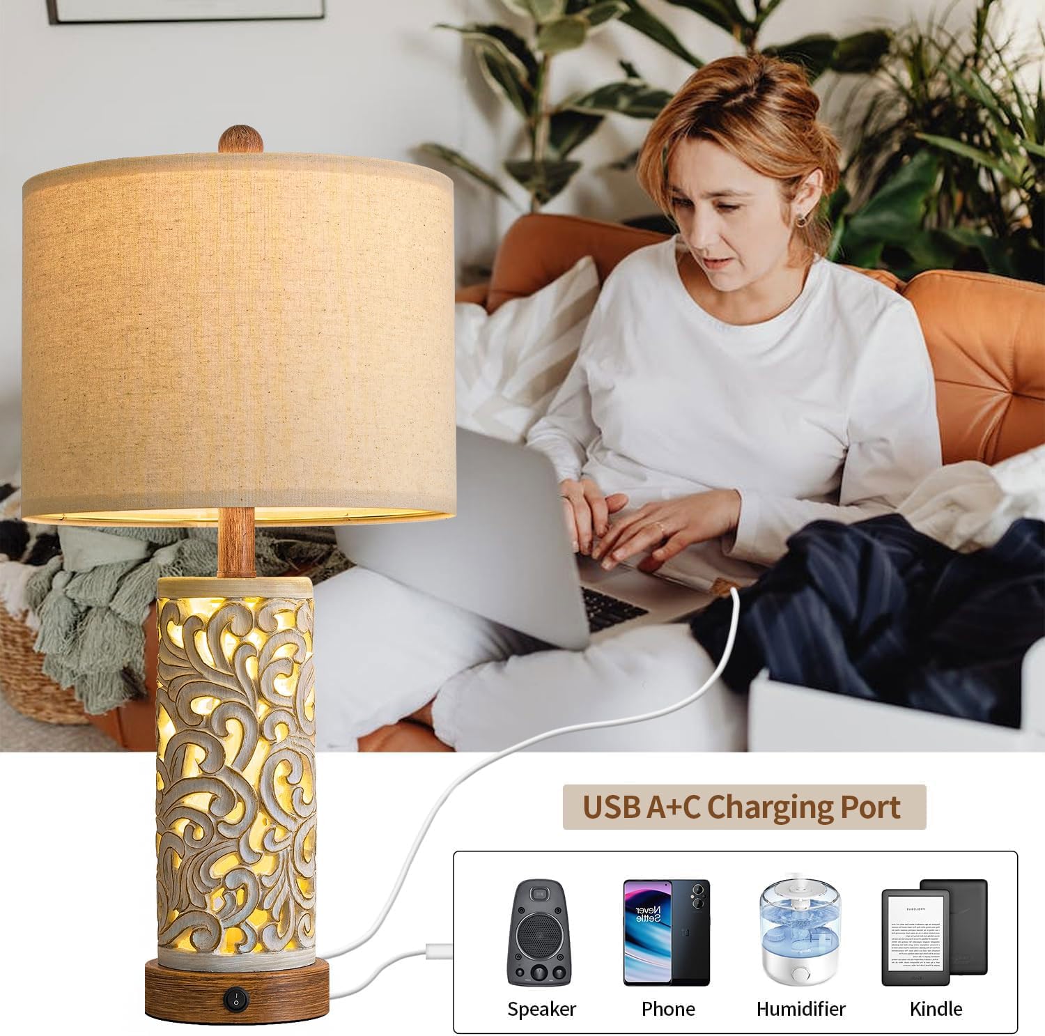 Oyears 22'' Table Lamp Set of 2 for Living Room, Farmhouse Lamp for for Bedroom, Vintage Retro Bedside Lamps with USB Ports Linen Shade for H…