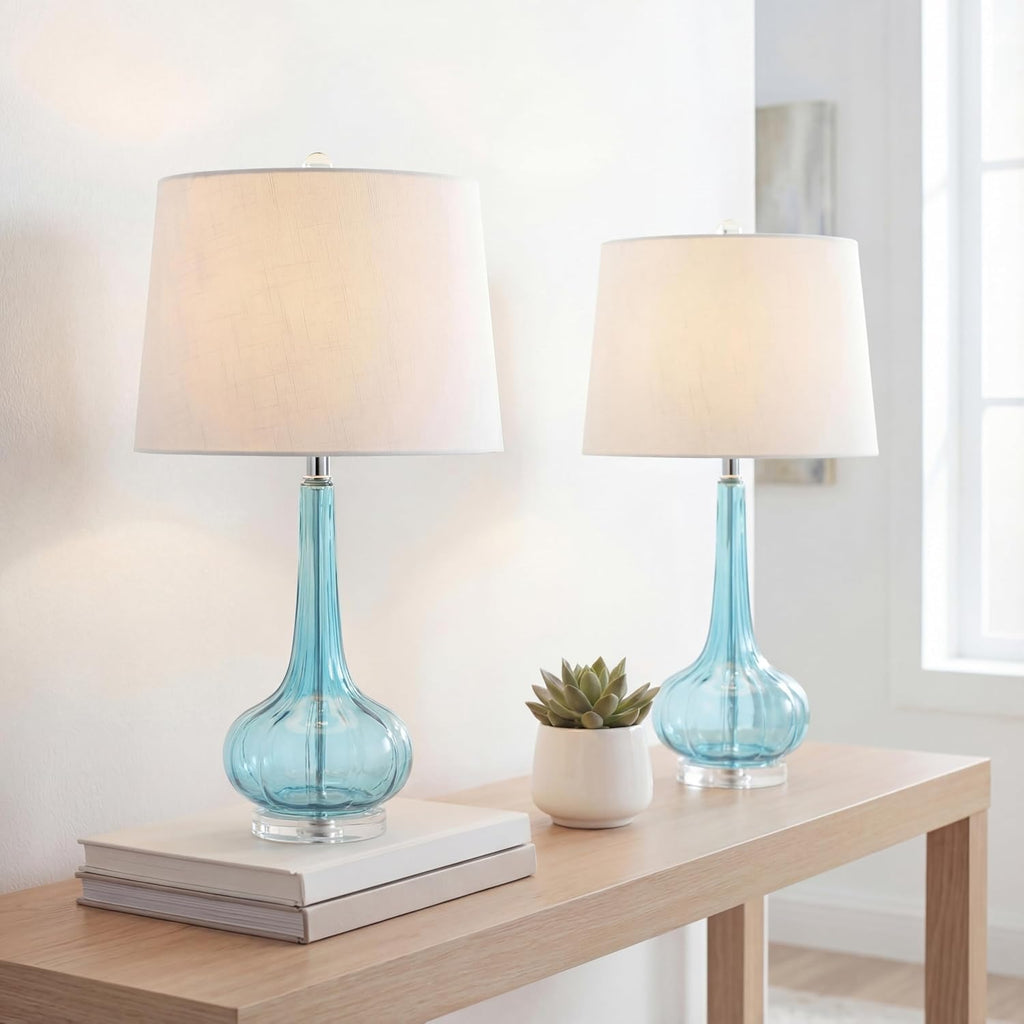 JONATHAN Y 28.5" Aqua Glass Teardrop LED Table Lamp Set of 2 for Living Room Bedroom Nightstand, White Linen Shade Modern Transitional…