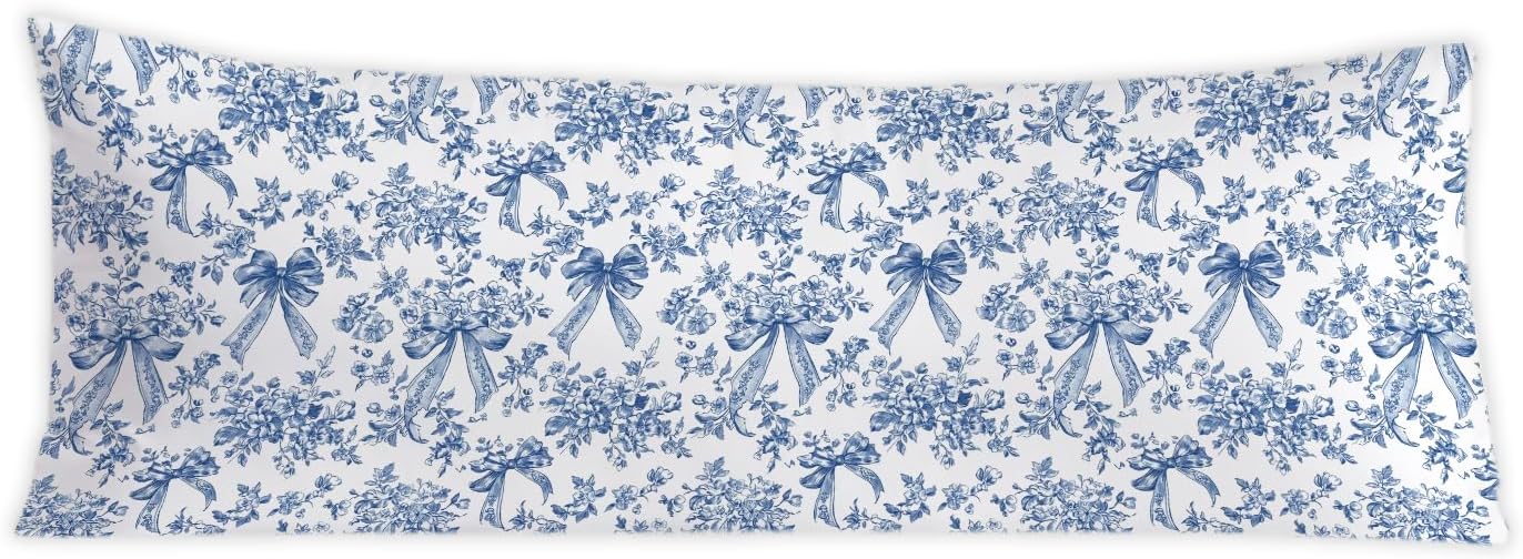 Blue and White Chinoiserie Bow Floral 20x54 Body Pillow Cover, Coquette Room Decor Decor, Vintage French Country Grandmillennial…