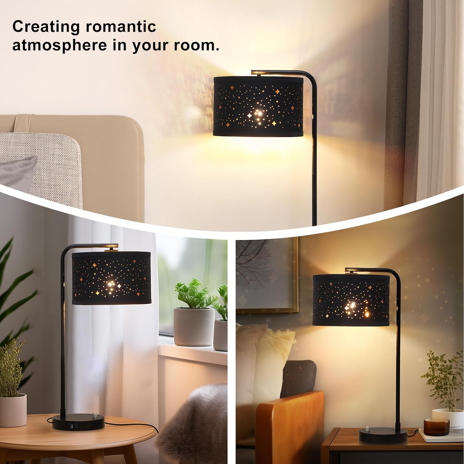 Bedside Table Lamp with USB C+A Ports, Fully Dimmable Modern Nightstand Side Lamps with Stars Shade, Tall Desk Reading Lamps for Living…