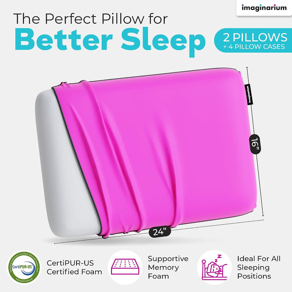 Imaginarium 2 Pack Memory Foam Pillows for Bed – 16" x 24" Standard – Fun Decorative Colorful Pillow for Sleeping – Back, Stomach & Side…