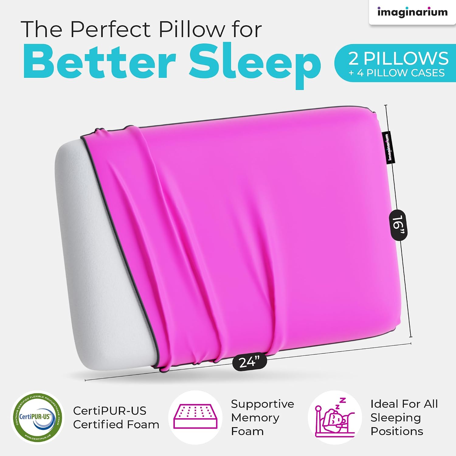 Imaginarium 2 Pack Memory Foam Pillows for Bed – 16" x 24" Standard – Fun Decorative Colorful Pillow for Sleeping – Back, Stomach & Side…