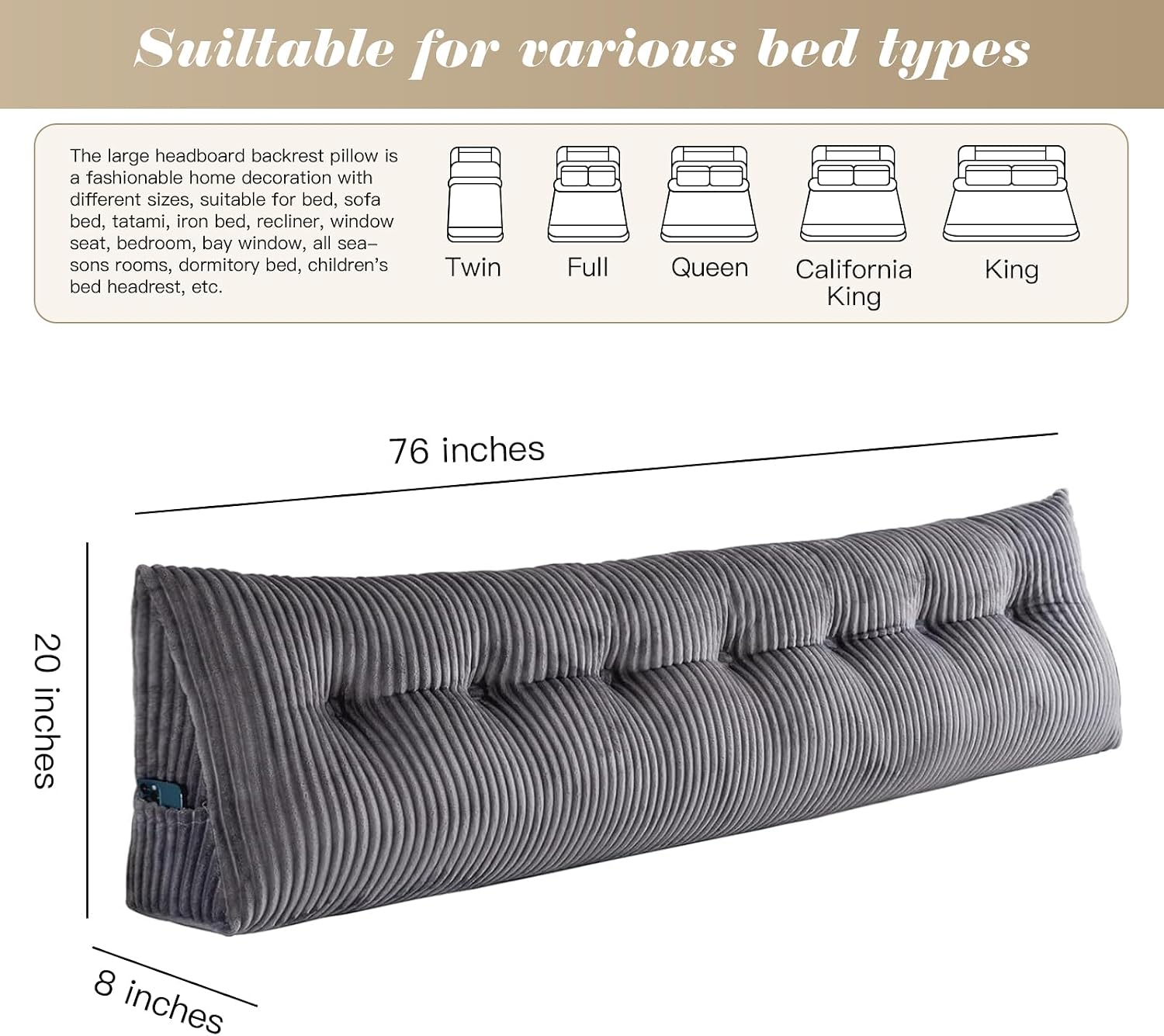 Large Triangular Headboard Wedge Bed Rest Reading Pillow Backrest Positioning Support Bolster Cushion with Removable Cover (Grey, King…