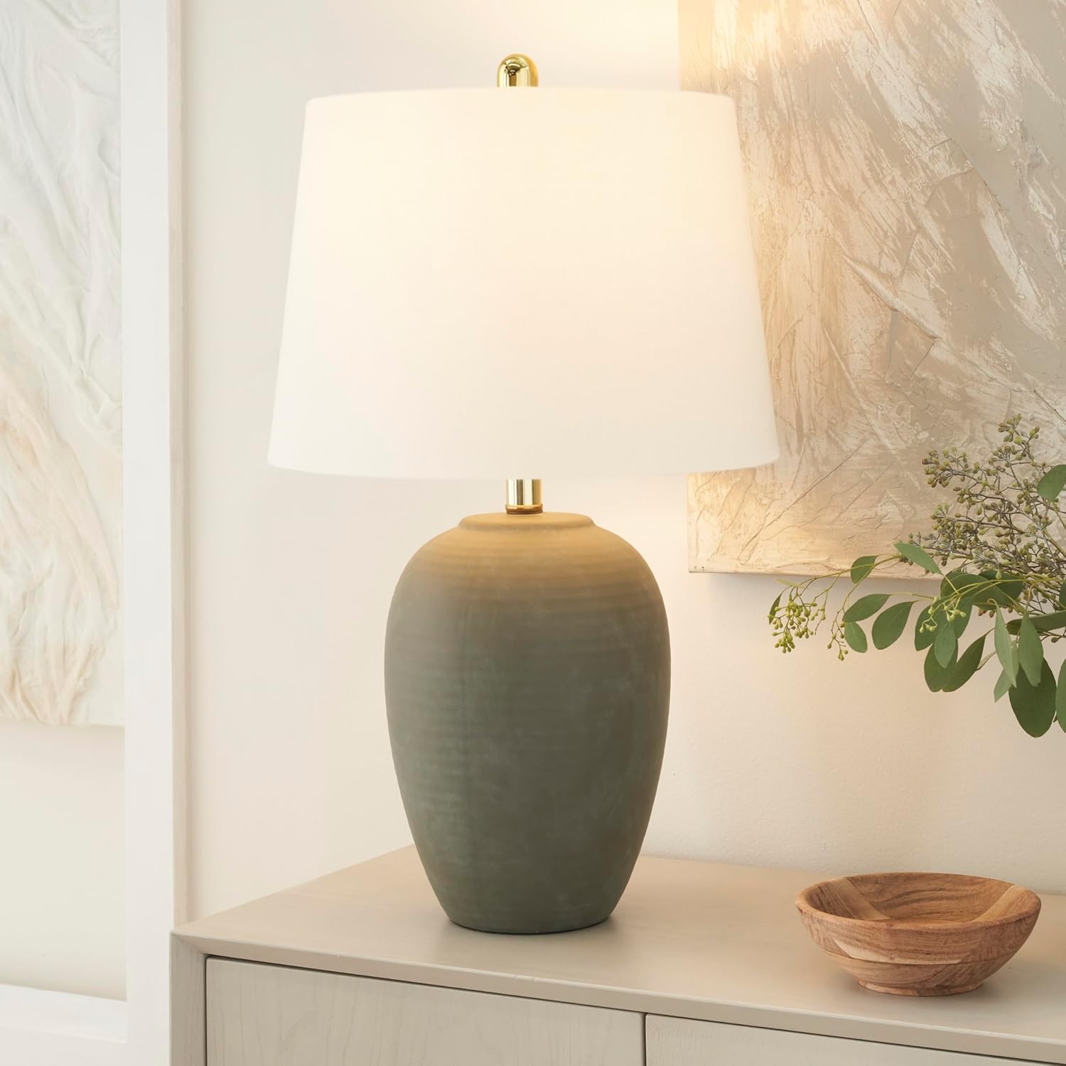 Nourison Home 23" Olive Green Ceramic Pot Table Lamp for Bedroom, Living Room, Dining Office, with White Tapered Drum Shade