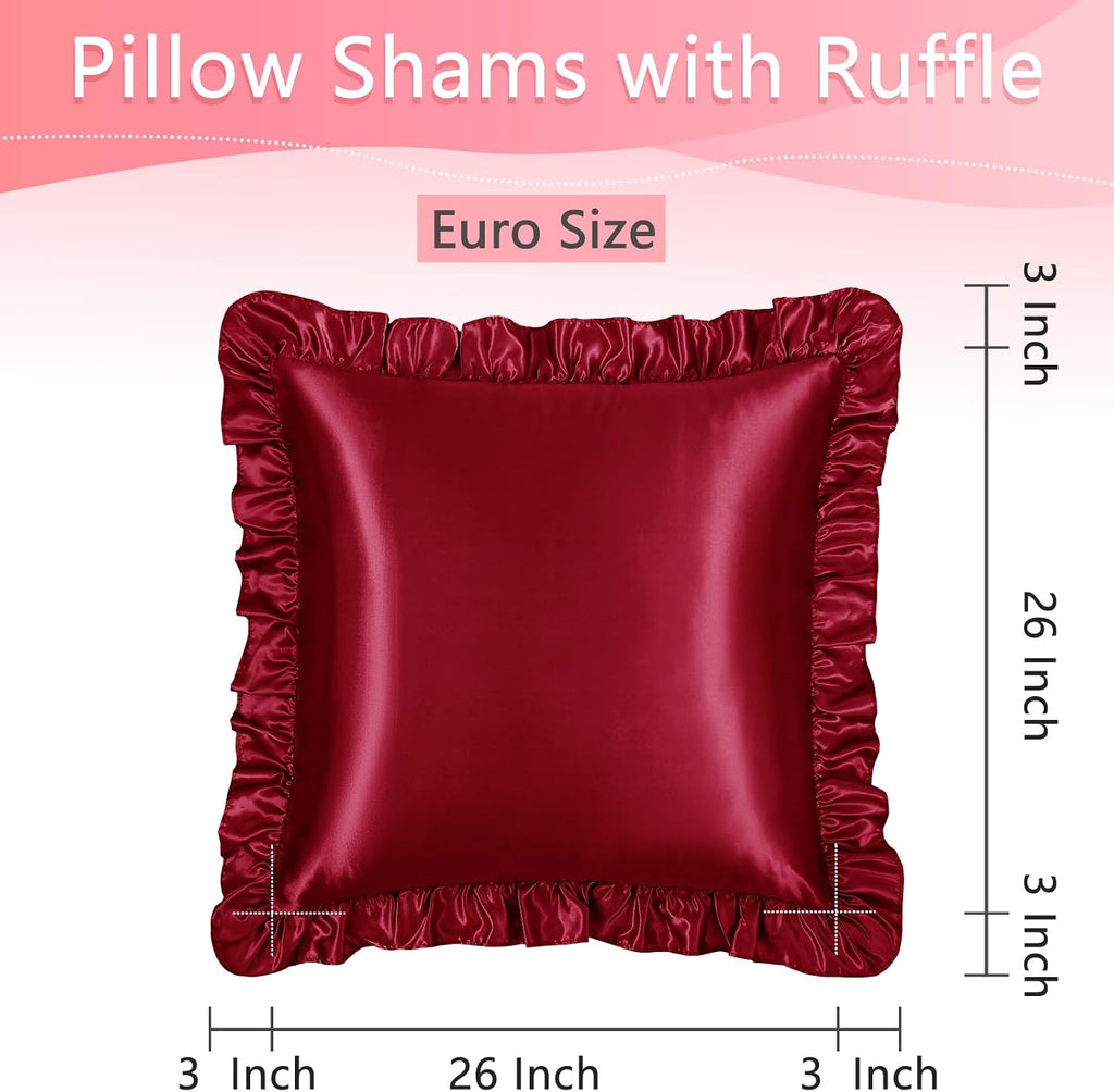 Homiest Ruffle Euro Sham Covers 26x26 Inch Set of 2, Burgundy Satin Pillow Shams with 3 Inch Wide Decorative Ruffled, European Square…