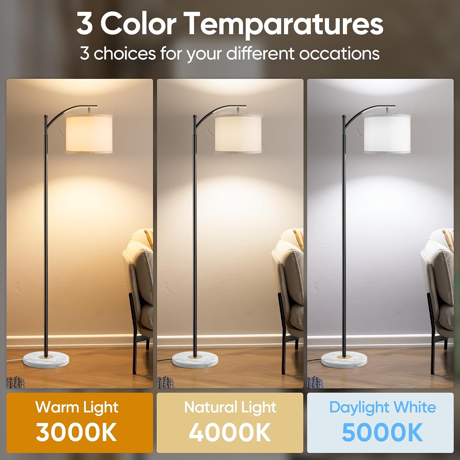 Floor Lamp for Living Room with Marble Base, Modern Standing Lamp with 3 Color Temperatures Bulb & Adjustable Linen Shade, Tall Lamp for…