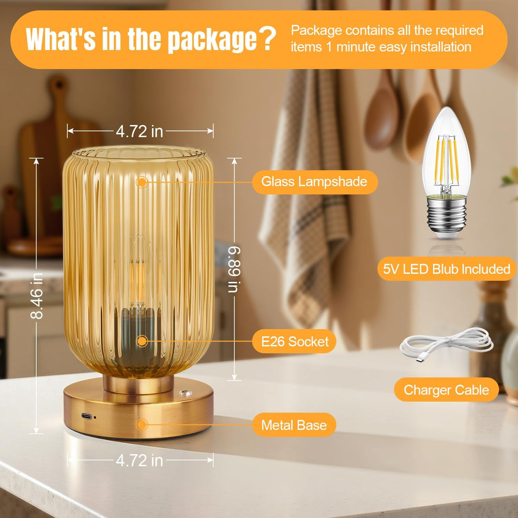 LightRound Table Lamp for Bedroom, Cordless Small Bedside Lamp, Touch Dimmable Rechargeable Lamp Battery Operated with Amber Glass Shades…