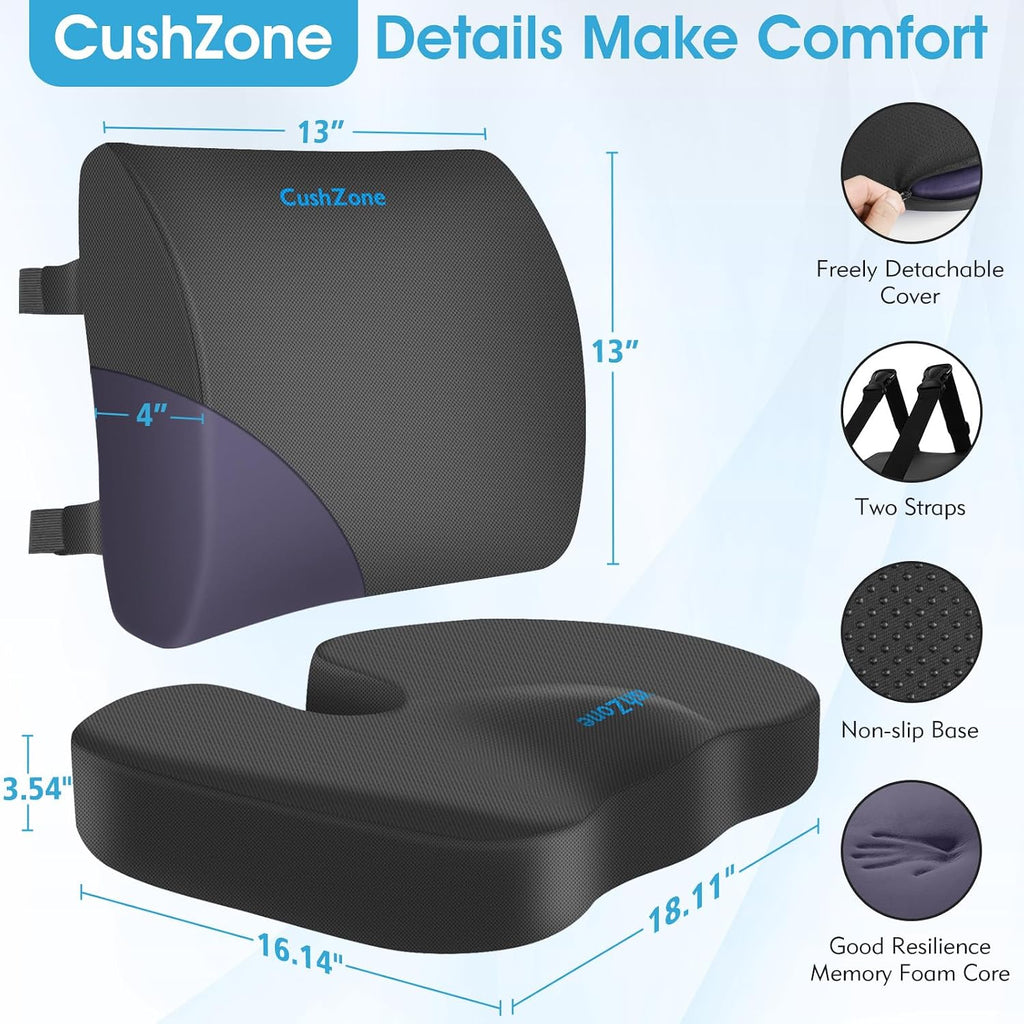 CushZone Seat Cushion, Lumbar Support Pillow with Adjustable Strap-Chair Cushions for Sciatica -with Washable Cover Memory Foam for Car, Tr…