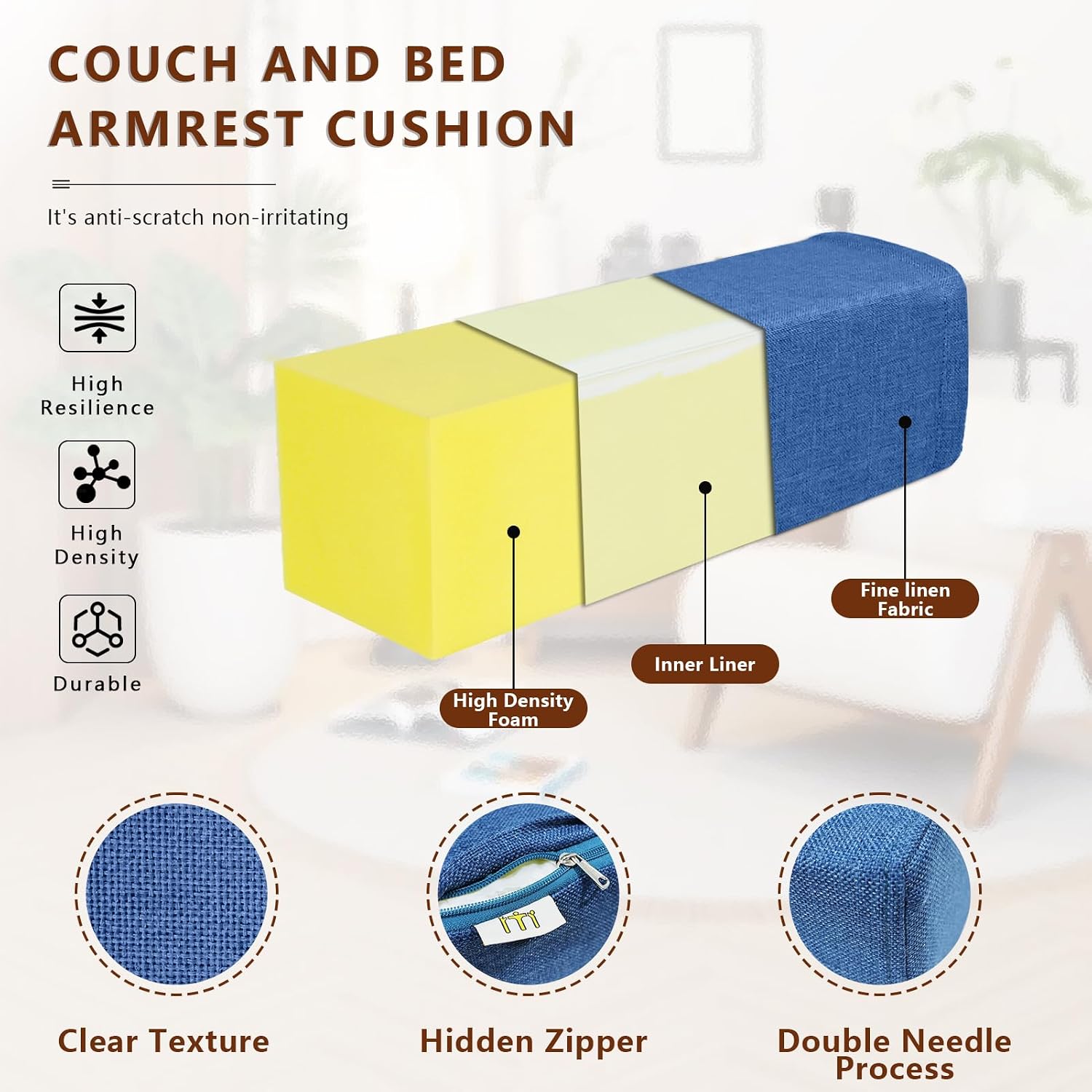 MMuteTouch 2 Pack Couch Arm Rest Pillow, 6''x6''x20'' Linen Cover, High Density Foam Armrest Cushion, Removable & Washable Elbow Support fo…
