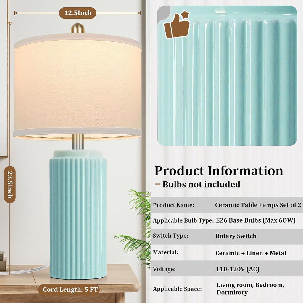 Tobusa 23.5’’ Light Green Coastal Table Lamps for Bedroom Set of 2, Modern Ceramic Nightstand Lamps for Living Room, Elegant Bedside Lamps…