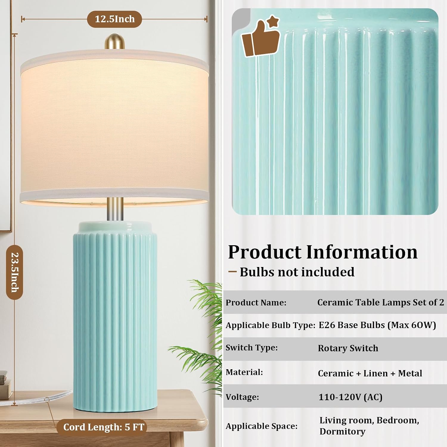 Tobusa 23.5’’ Light Green Coastal Table Lamps for Bedroom Set of 2, Modern Ceramic Nightstand Lamps for Living Room, Elegant Bedside Lamps…
