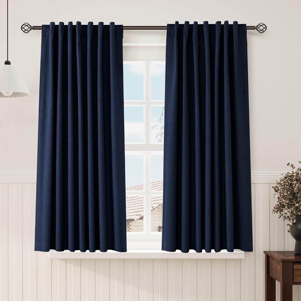 Nanspring Navy Blue 100% Blackout Linen Curtains 63 Inch Length for Bedroom Back Tab Thermal Insulated Modern Luxury Nautical Decor Black O…