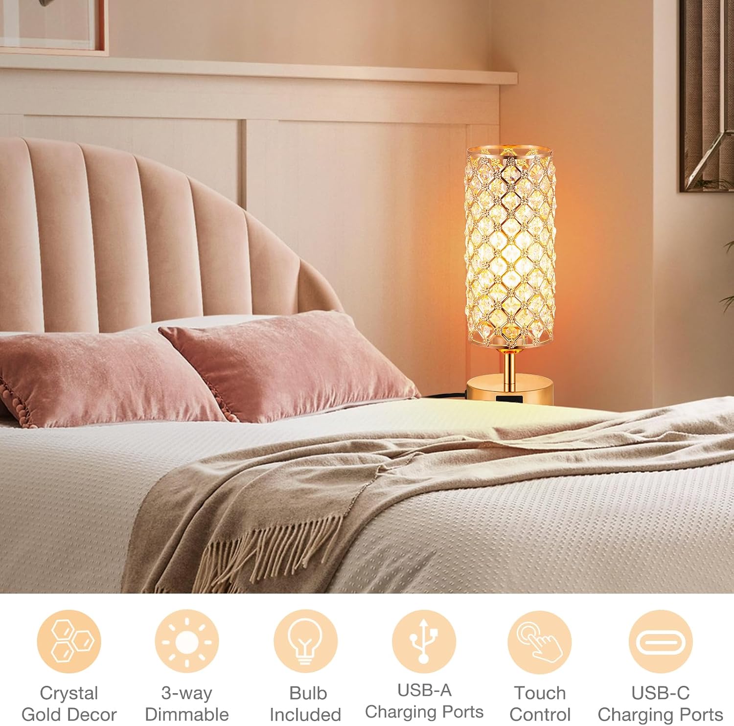 Crystal Table Lamp, Gold Lamp for Bedroom with USB-C USB-A Charging Ports, 3 Way Dimmable Light with Crystal Lampshade, Bedside Lamp…