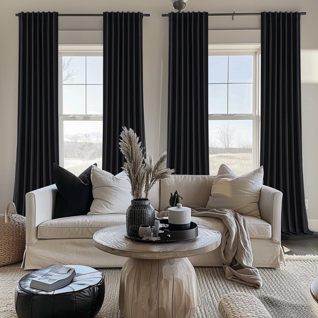 Qjmydeco Extra Long 120 Inch Black Curtains for Living Room, Luxury Linen Blackout Ceiling Track Curtain Rod Pocket for Sliding Glass Doors…