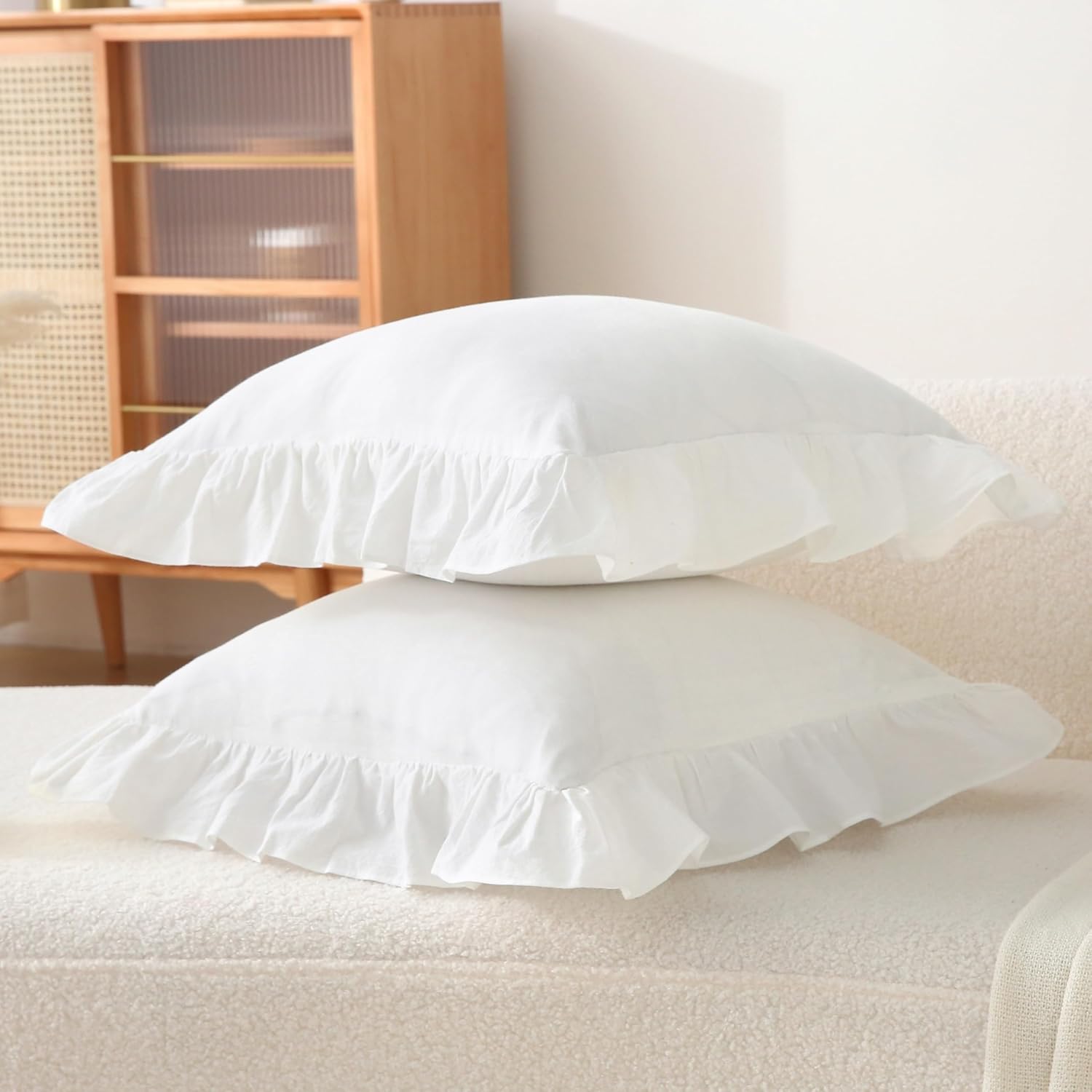 Jilboo Ruffle Throw Pillow Covers - 2 Pack 18 x18 inches Off White 100% Washed Cotton Vintage Style Decorative Pillowcases with Zipper Clos…