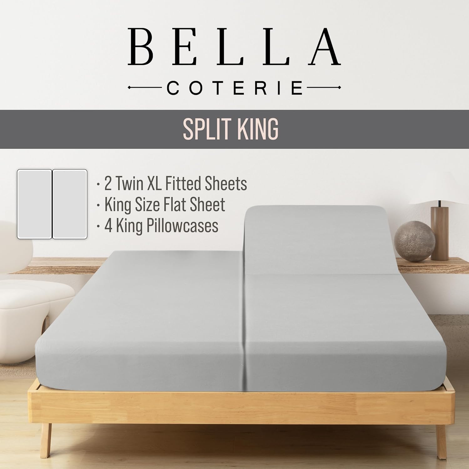 Bella Coterie 7 Piece Luxury Bamboo Viscose Split King Size Sheet Set | 2 Fitted Sheets for Adjustable Beds | 100% Organically Grown |…