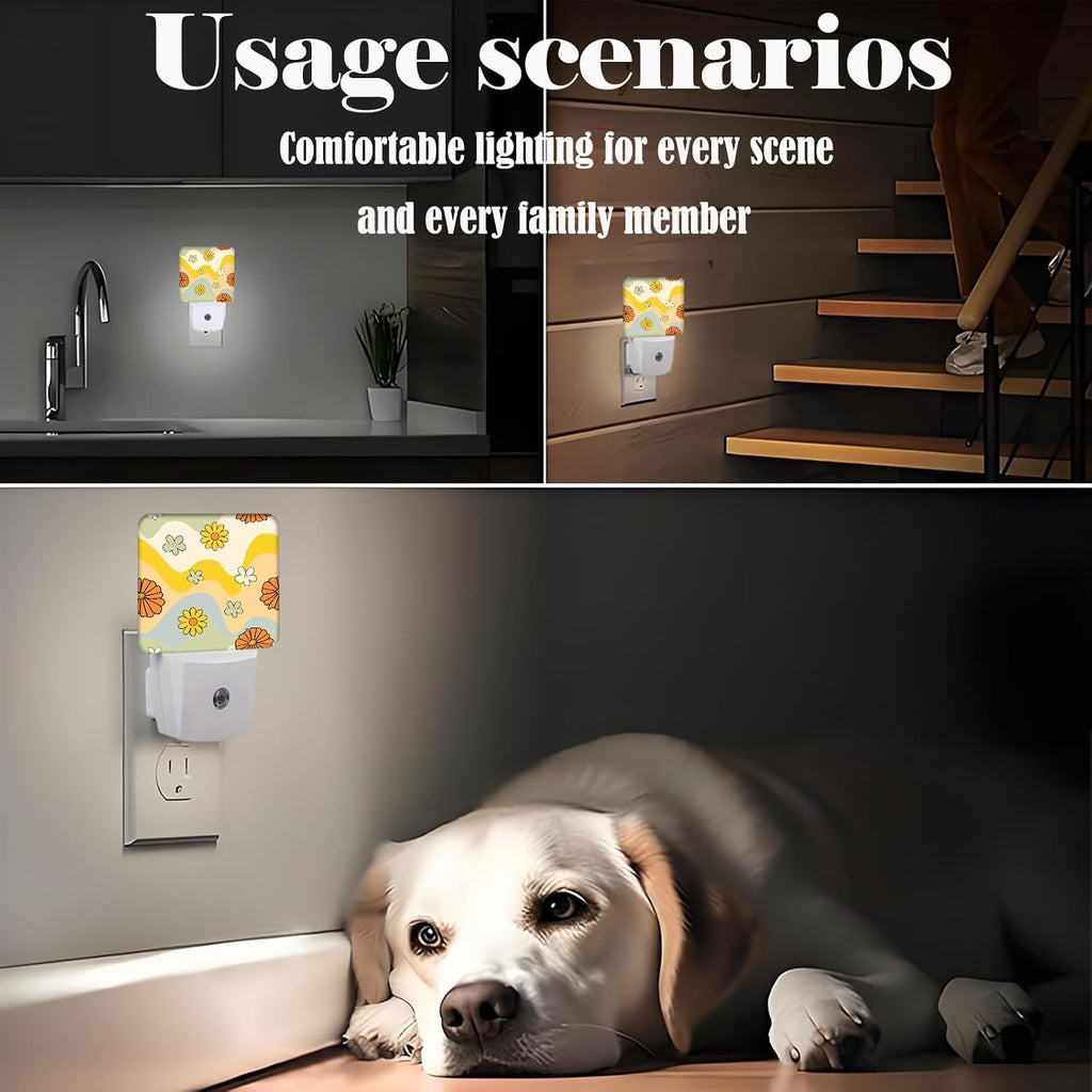 Waves and Floral Night Light, Plug Into Wall for Boys Girls Bedroom Decorative Square Night Light Lamp 0.5w Sleep Friendly