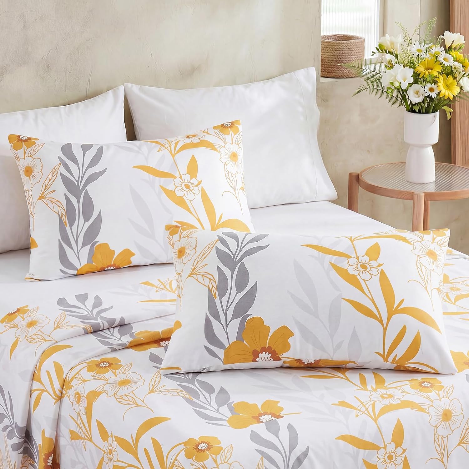 Bedorm 100% Cotton Pillowcases Standard Size Set of 2 Yellow Floral Pillow Covers Flower Leaf Botanical Print Decorative Pillow Cases with…