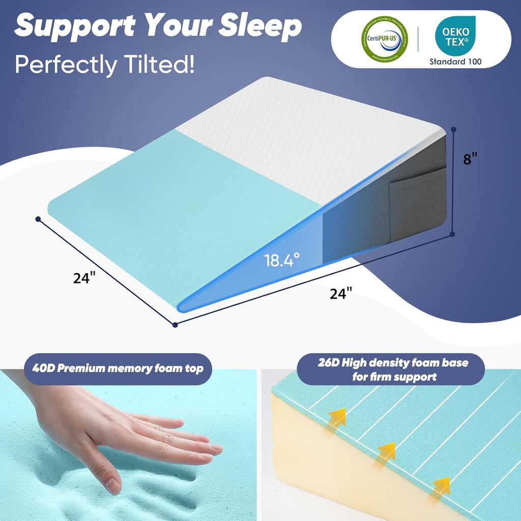 Bed Wedge Pillow for Sleeping & Resting, 8 inch Incline Pillow Wedge for Adults Seniors, Back Support and Leg Elevation, Cooling Memory…