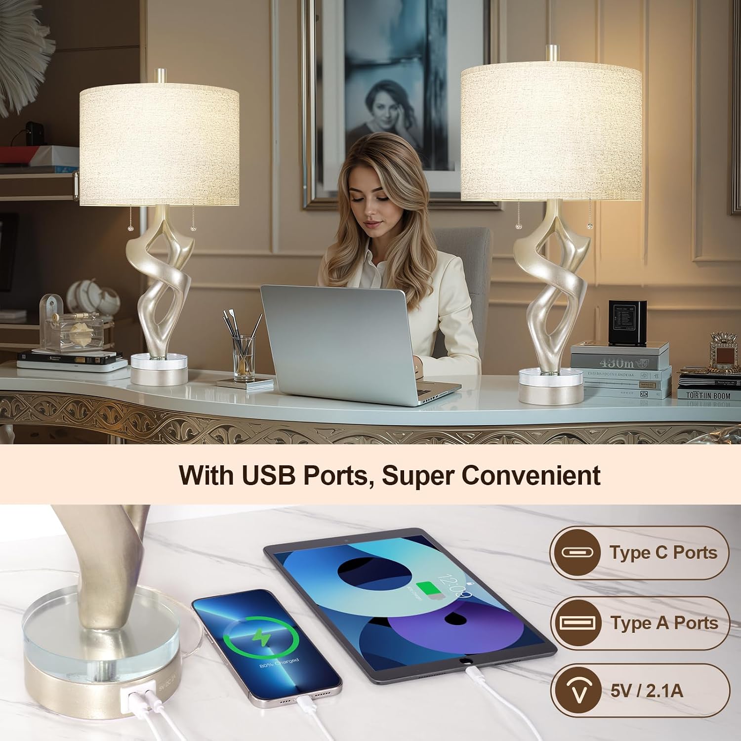 Scenekoy Sculptural Resin Table Lamp Set of 2 with USB Ports for Bedroom Living Room, 26” Antique Silver Leaf Dual Pull Chains Bedside…