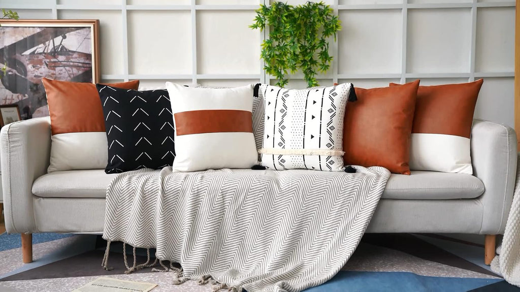 Tosewever Boho Geometric Throw Pillow Covers 18 x 18 Set of 4, Modern Stripe Farmhouse Decorative Faux Leather Cotton Pillowcase for Bedroo…