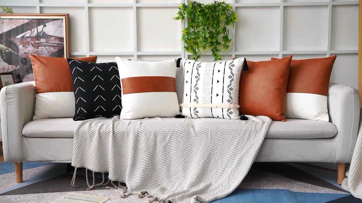 Tosewever Boho Geometric Throw Pillow Covers 18 x 18 Set of 4, Modern Stripe Farmhouse Decorative Faux Leather Cotton Pillowcase for Bedroo…