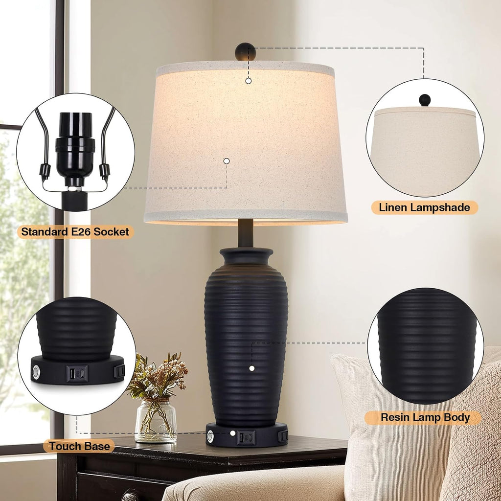 CINSARY 25" Retro Black Farmhouse Jar Table Lamps, 3 Way Touch Control Rustic Bedside Lamps with USB A+C Ports & AC Outlet, Pot…