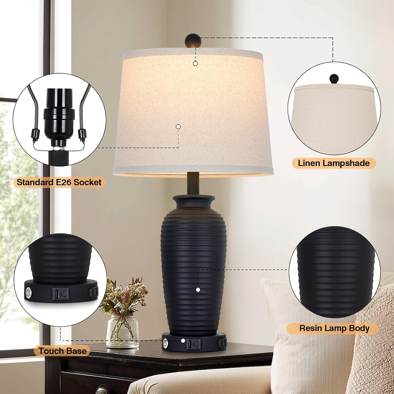 CINSARY 25" Retro Black Farmhouse Jar Table Lamps Set of 2, 3 Way Touch Control Rustic Bedside Lamps with USB A+C Ports & AC Outlet, Pot…