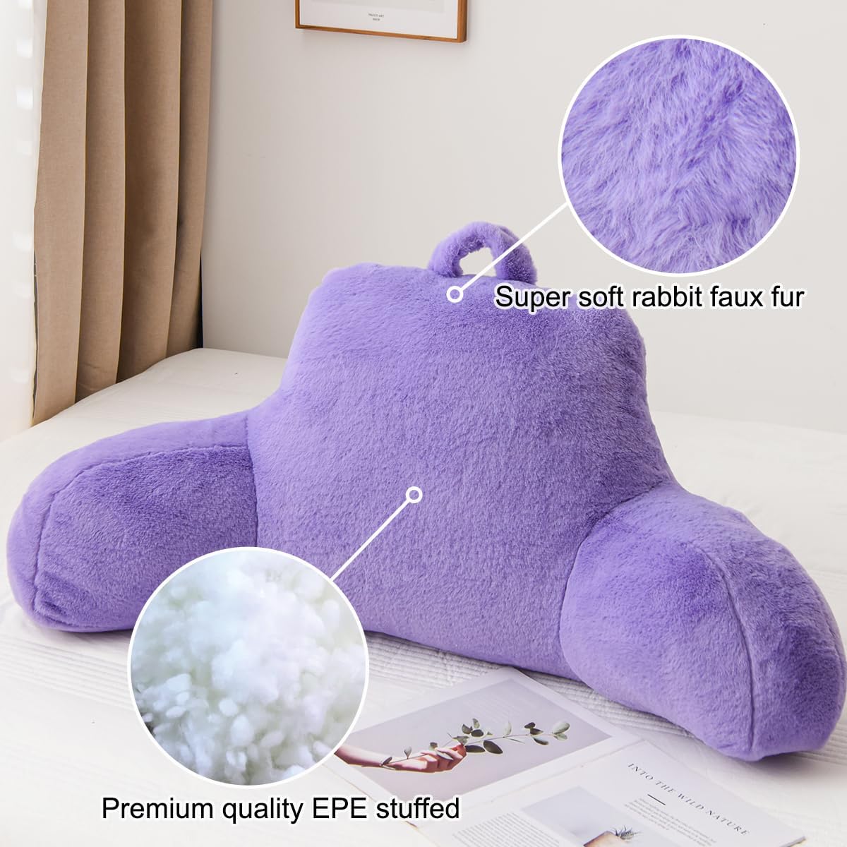 Holawakaka Plush Reading Pillow for Sitting Up in Bed – U-Shaped Backrest with Arms for Petites, Kids, Teens – Back Support for Lounging…