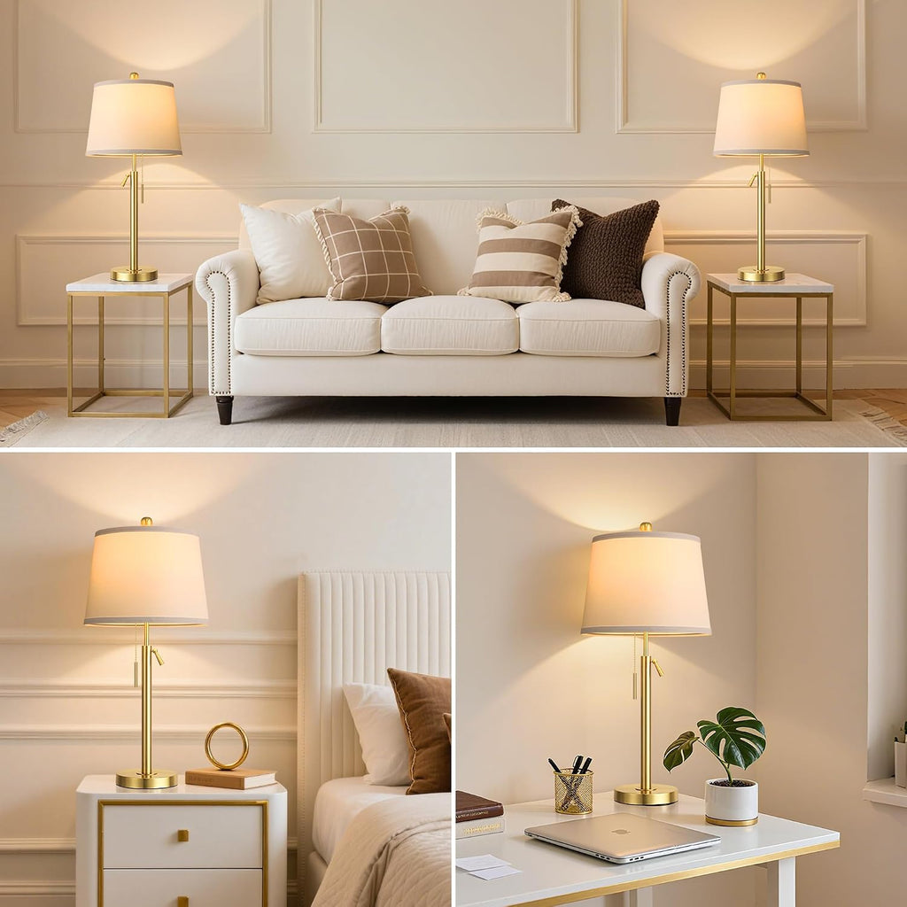 Tall Table Lamps Set of 2, Modern Gold Table Lamps with White Shade for Living Room, Height Adjustable Nightstand Lamps for Bedroom, 3…