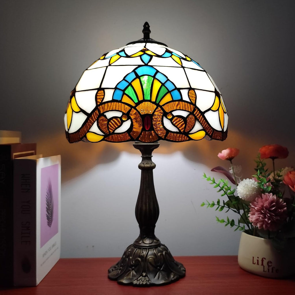 Tiffany Table Lamp 12X12X19 Inch Yellow Baroque Style Stained Glass Lamp Antique Bedside Desk Reading Light for Bedroom Living Room Home…
