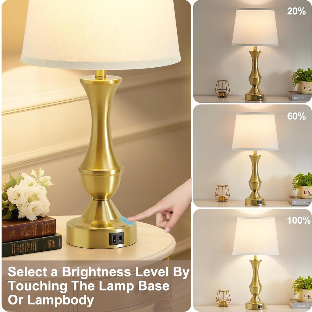 Luvkczc 22" Gold Table Lamps Set of 2 - Modern Luxury Bedside Lamps with White Fabric Shade, Dimmable & Dual USB C+A Ports, Nightstand…