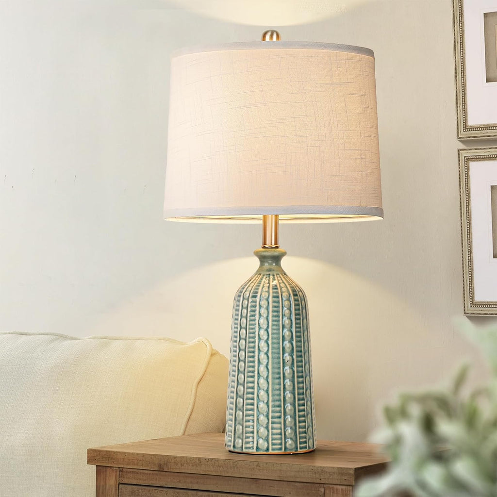 JUNNAI Green Ceramic Table Lamp 24.5": 3-Way Dimmable Nightstand Lamp with White Drum Lamp Shade | Modern Bedside Lamp for Bedrooms &…