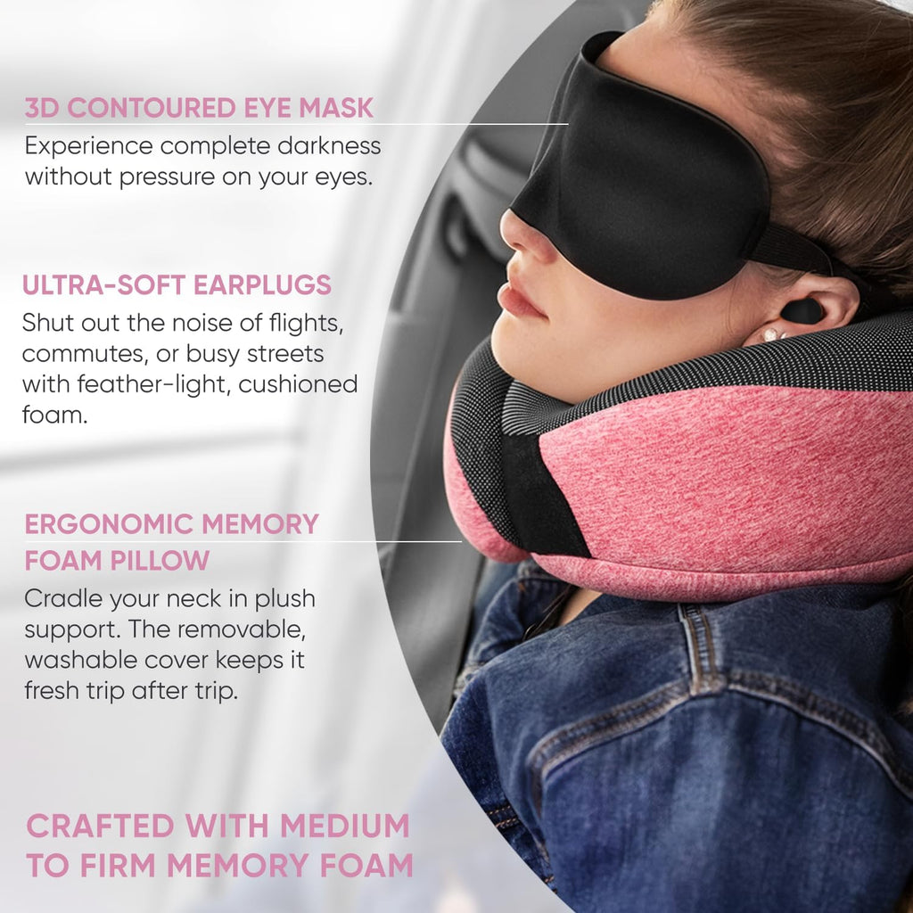Proglobe Pink Airplane Travel Pillow Set, 100% Pure Memory Foam Neck Pillow, Updated Material, Long Flight Travel Kit with 3D Contoured…