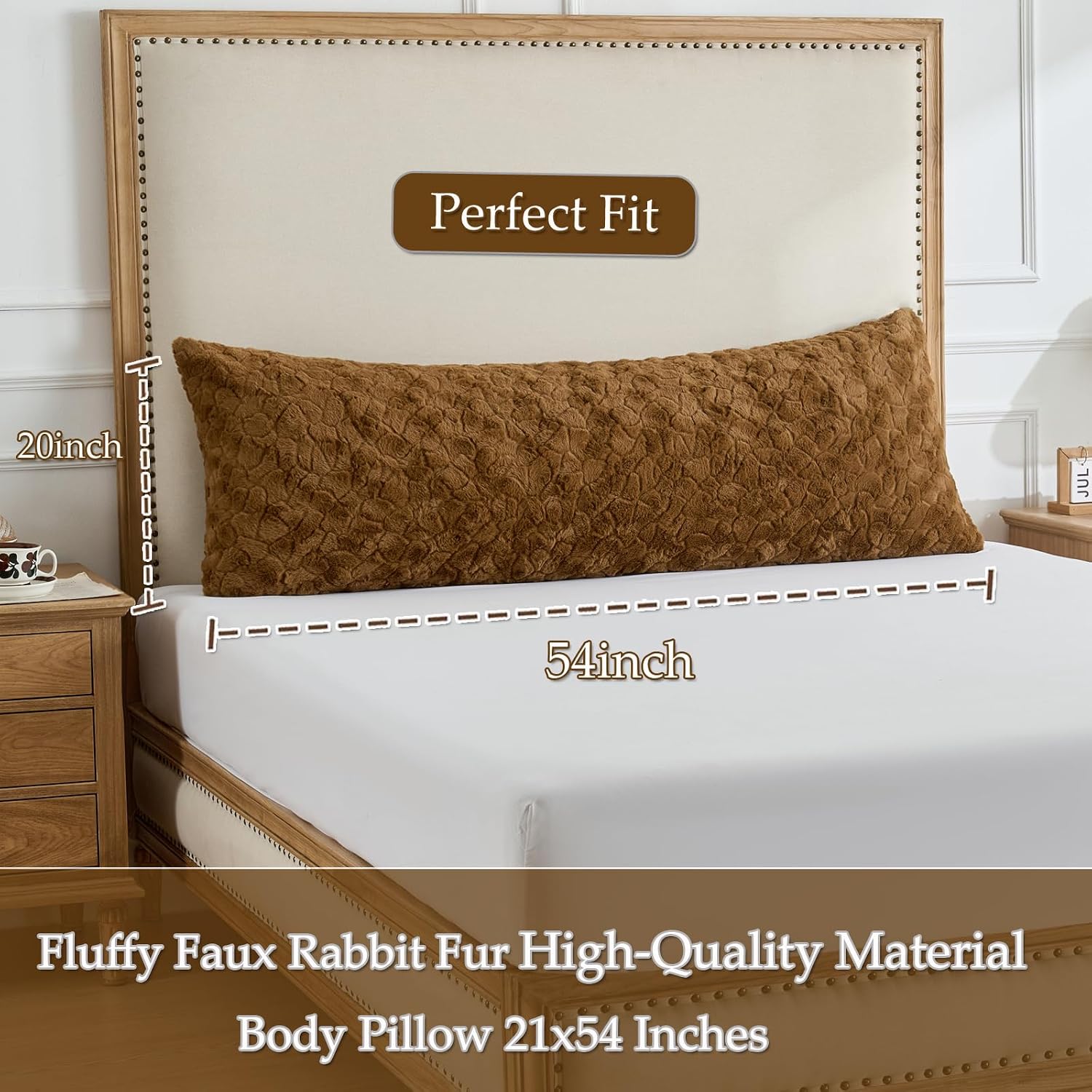 HKMR Fluffy Faux Rabbit Fur Body Pillow, Memory Foam Pregnancy Pillow for Side Sleep Body Pillow,20x54 Long Pillow for Adults-Brown 2…