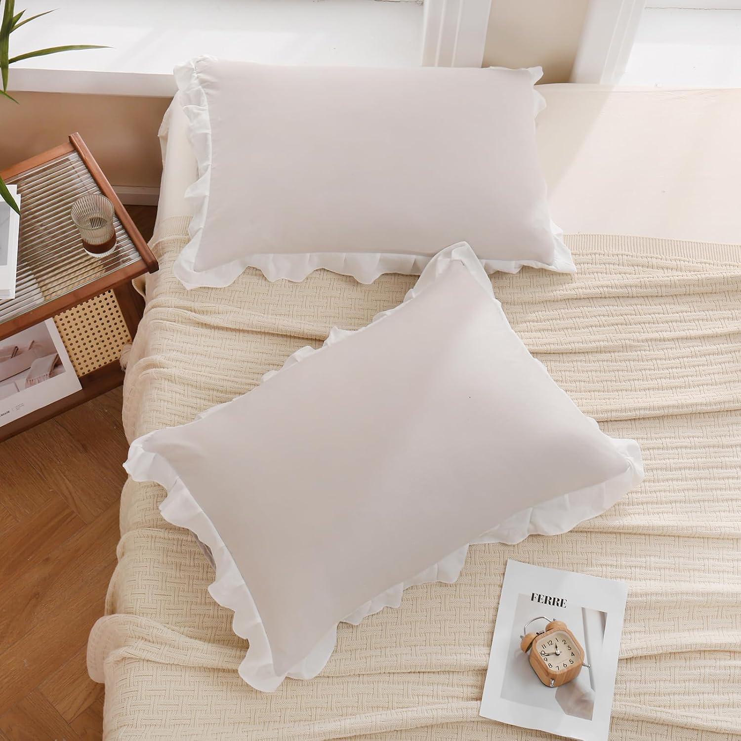 Merryword Beige Pillow Shams Standard Pillowcases 20x26inch Beige and White Reversible Cute Pillow Cover Set of 2 Soft Shabby Chic Ruffled…