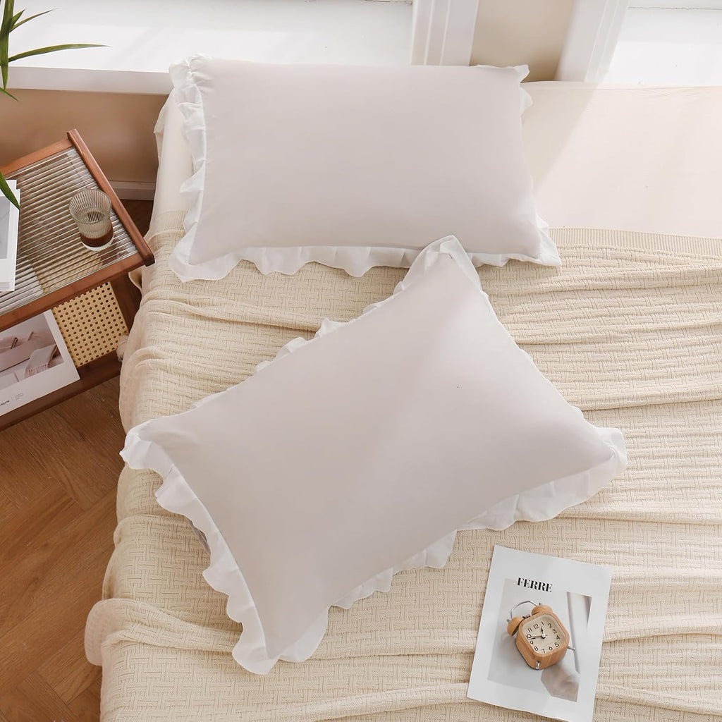 Merryword Beige Pillow Shams Beige and White Reversible Queen Pillowcases Cute Pillow Cover Set of 2 Soft Shabby Chic Ruffled Pillowcases 2…