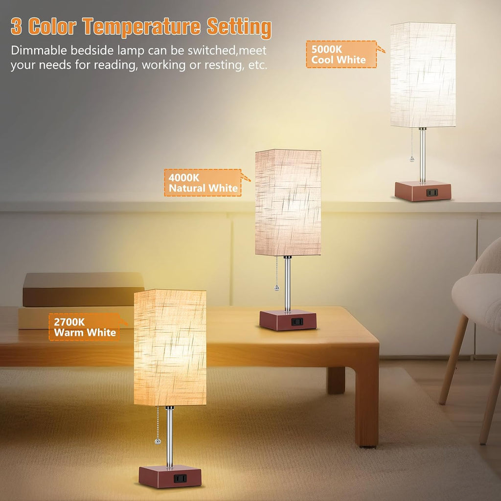 PLMMY Bedside Table Lamp for Bedroom Nightstand, 3 Color Pull Chain Nightstand Lamps Set of 2 with AC Outlets, Square Gray Lampshade…